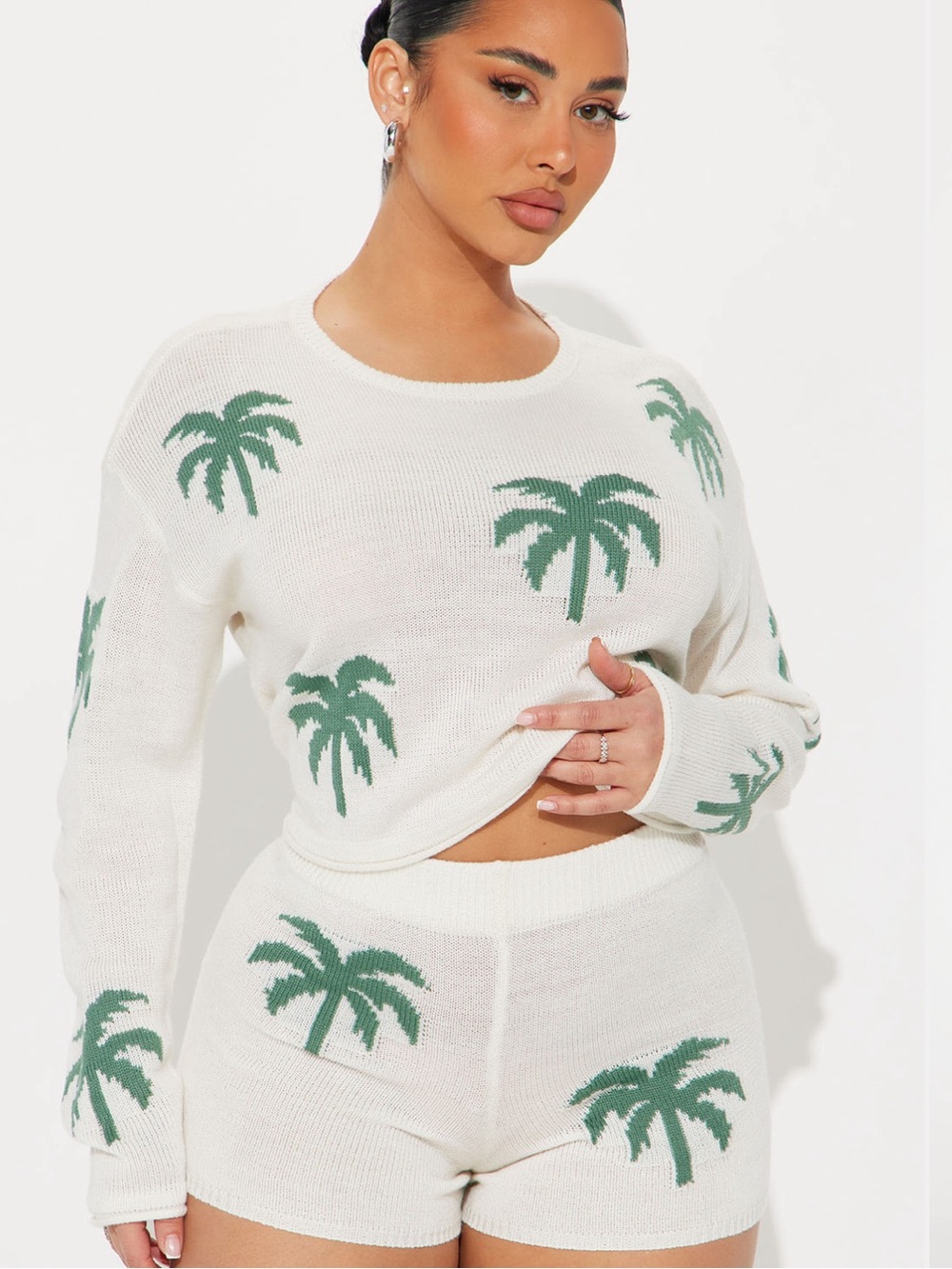 Cream Knit Palm Tree Swim Cover Up Short Set - Green Palm Motif